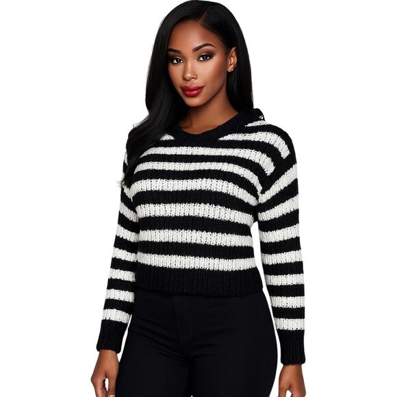 FOREVER 21 Hooded Sweater Juniors 13/14 Black White Striped New - Picture 3 of 16